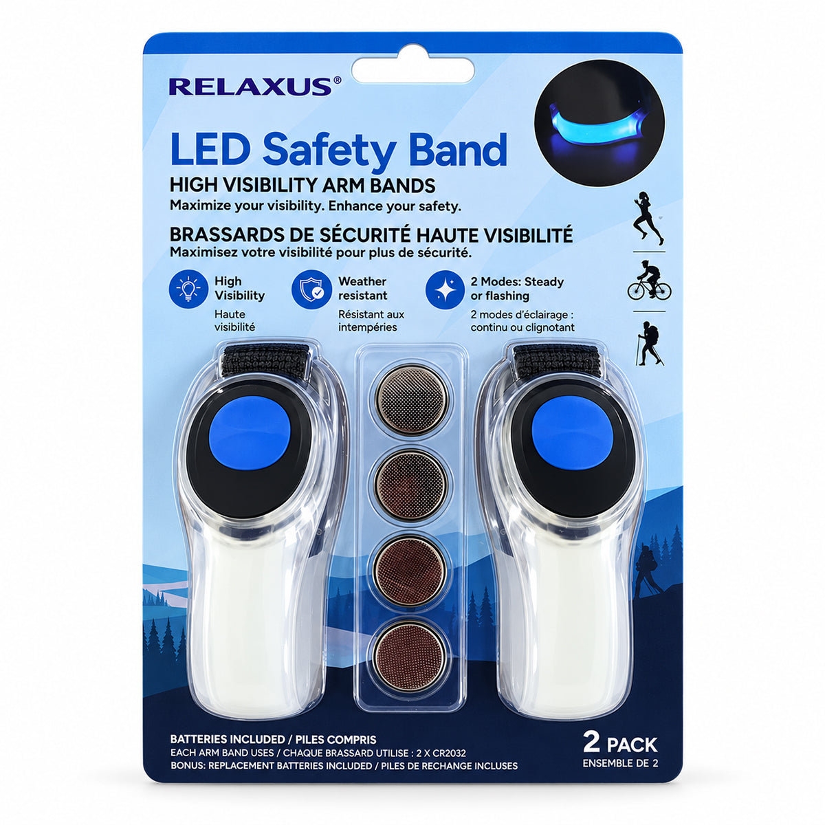 Use only descriptions that match the image shown: LED Safety Arm Bands 2-pack; LED arm band with steady illumination; LED arm band in flashing mode; Adjustable hook-and-loop strap on an LED arm band; Reflective pull tab on the LED safety arm band; LED Safety Arm Band worn while running; LED arm band worn while cycling; CR2032 battery compartment on the LED arm band