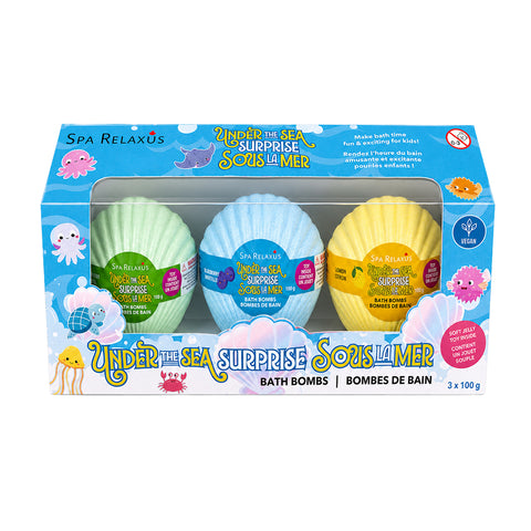 Under the Sea Surprise Bath Bombs three-pack Seashell-shaped kids bath bombs with surprise toys
Blueberry lemon and mint surprise bath bombs Bath bomb revealing hidden squishy TPR toy Colourful seashell bath fizzers for children Underwater-themed surprise bath bombs Three 100 g kids bath bombs with hidden toys Surprise bath bomb set with blueberry lemon and mint scents
