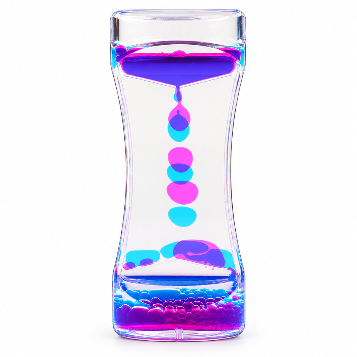 Use only descriptions that match the image shown: Lava Flow Sensory Desktop Toy with colourful bubbles; Clear acrylic liquid-motion sensory toy; Complementary coloured droplets flowing through the Lava Flow toy; Lava Flow Sensory Desktop Toy on an office desk; Liquid-motion toy in a study space; Lava Flow Sensory Desktop Toy retail displayer of 12; Individually boxed Lava Flow Sensory Desktop Toy.