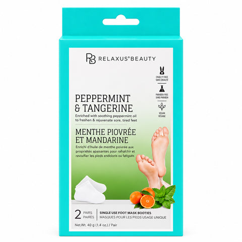 Peppermint and Tangerine Moisturizing Foot Masks; Two-pair foot mask treatment box; Pre-moistened foot masks for dry feet; Peppermint foot masks worn like socks; Single-use moisturizing foot treatment; Foot masks enriched with peppermint oil; Peppermint and Tangerine Foot Mask packaging; At-home 30-minute moisturizing foot treatment.  