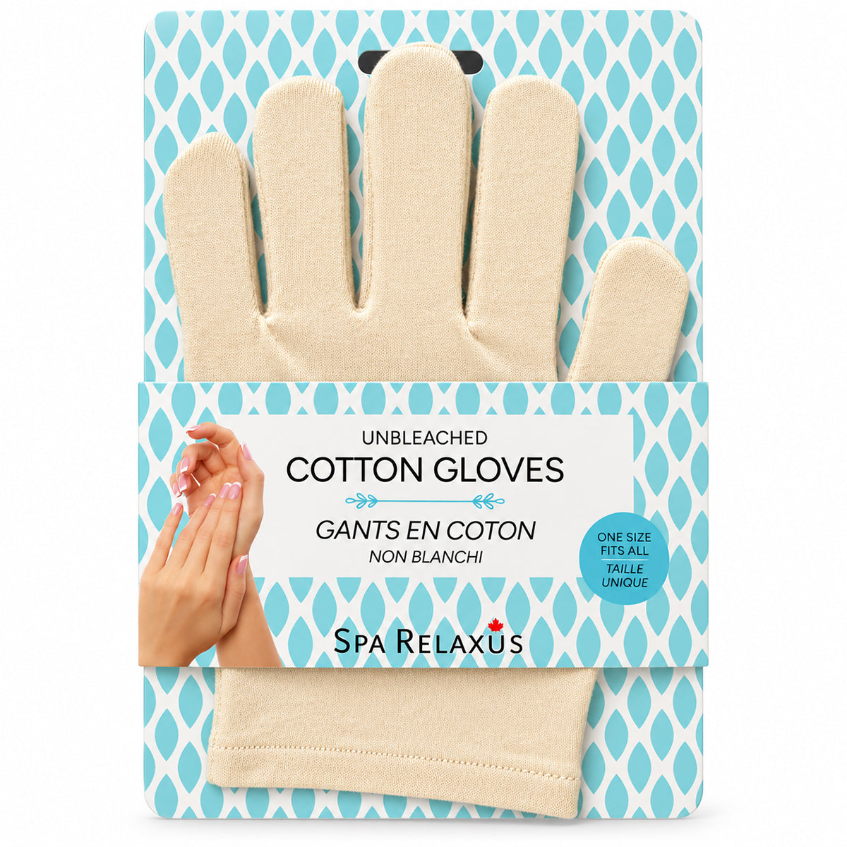 Unbleached cotton moisturizing gloves; reusable cotton gloves for overnight hand care; white cotton moisturizing gloves for use with hand cream; unbleached cotton and elastane hand gloves; moisturizing gloves worn over hand lotion; one-size cotton hand-care gloves; washable cotton gloves for an overnight hand treatment; pair of unbleached cotton moisturizing gloves