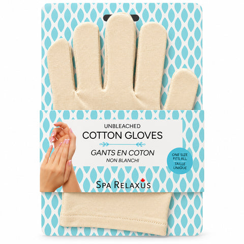 Unbleached cotton moisturizing gloves; reusable cotton gloves for overnight hand care; white cotton moisturizing gloves for use with hand cream; unbleached cotton and elastane hand gloves; moisturizing gloves worn over hand lotion; one-size cotton hand-care gloves; washable cotton gloves for an overnight hand treatment; pair of unbleached cotton moisturizing gloves