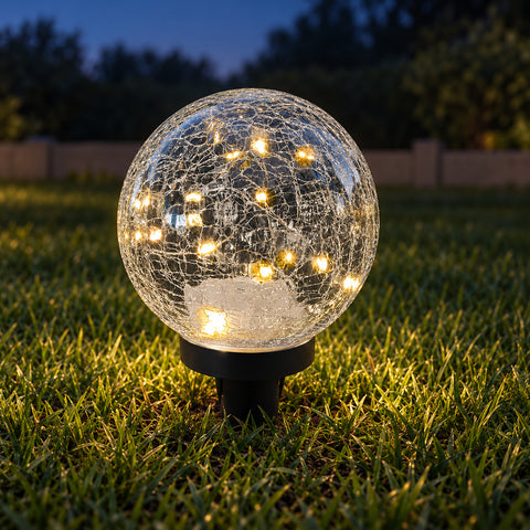 Use only descriptions that match the image shown: Solar Faerie LED Globe with detachable garden stake; Hand-blown crackle glass solar globe; Solar Faerie LED Globe illuminated at dusk; Crackle glass globe displayed in a garden; Solar LED globe on a patio table without its stake; Close-up of the Solar Faerie LED Globe crackle glass; Medium Solar Faerie LED Globe, 15 cm diameter.
