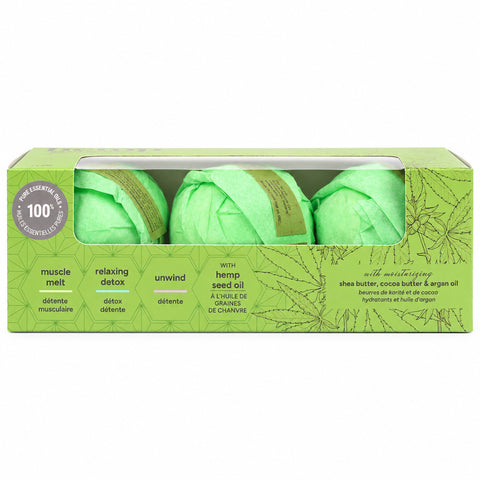 Hemp Organic and Vegan Bath Bombs 3-Piece Gift Set Three hemp bath bombs with essential oils Muscle Melt eucalyptus and tea tree bath bomb Relaxing Detox lemon peppermint thyme and rose bath bomb
Unwind lavender sweet orange and lemon bath bomb Hemp seed oil bath bomb gift set Three 80 g bath bombs in gift set Bath bombs with organic shea and cocoa butter
