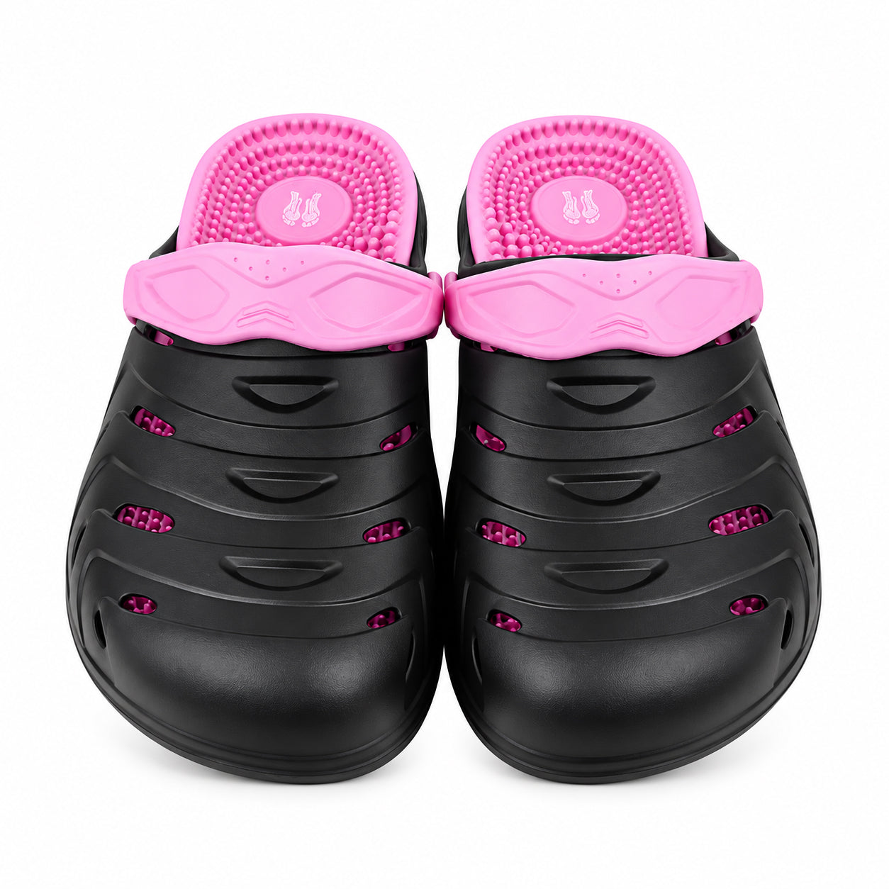 Women's Pink Acu Reflex Massage Clogs
Pink and black EVA massage clogs
Women's clogs with textured massage footbed Acu Reflex clogs with ventilation ports Lightweight EVA massage clogs
Women's waterproof massage clogs
Massage clogs with flip-back heel strap
Pink reflexology-inspired clogs