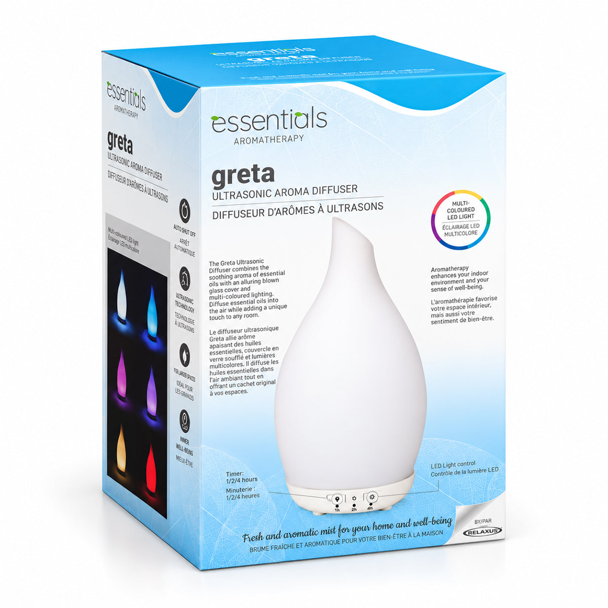 Greta Ultrasonic Diffuser with blown glass cover Essential oil diffuser with multi-coloured LED light 150 ml ultrasonic diffuser Blown glass aromatherapy diffuser Greta diffuser with LED lighting Ultrasonic essential oil diffuser on tabletop Decorative glass diffuser with timer settings
USB-powered Greta Ultrasonic Diffuser