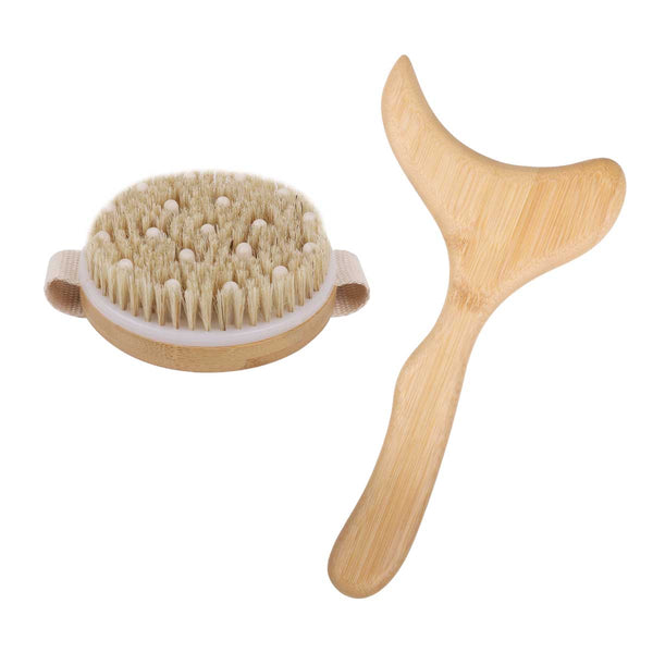 Dry Brushing Body Brush Set with 100% Natural Boar Bristles (Set of 3) | Skin Exfoliating Kit with Long Detachable Back Brush Contour Body and Face