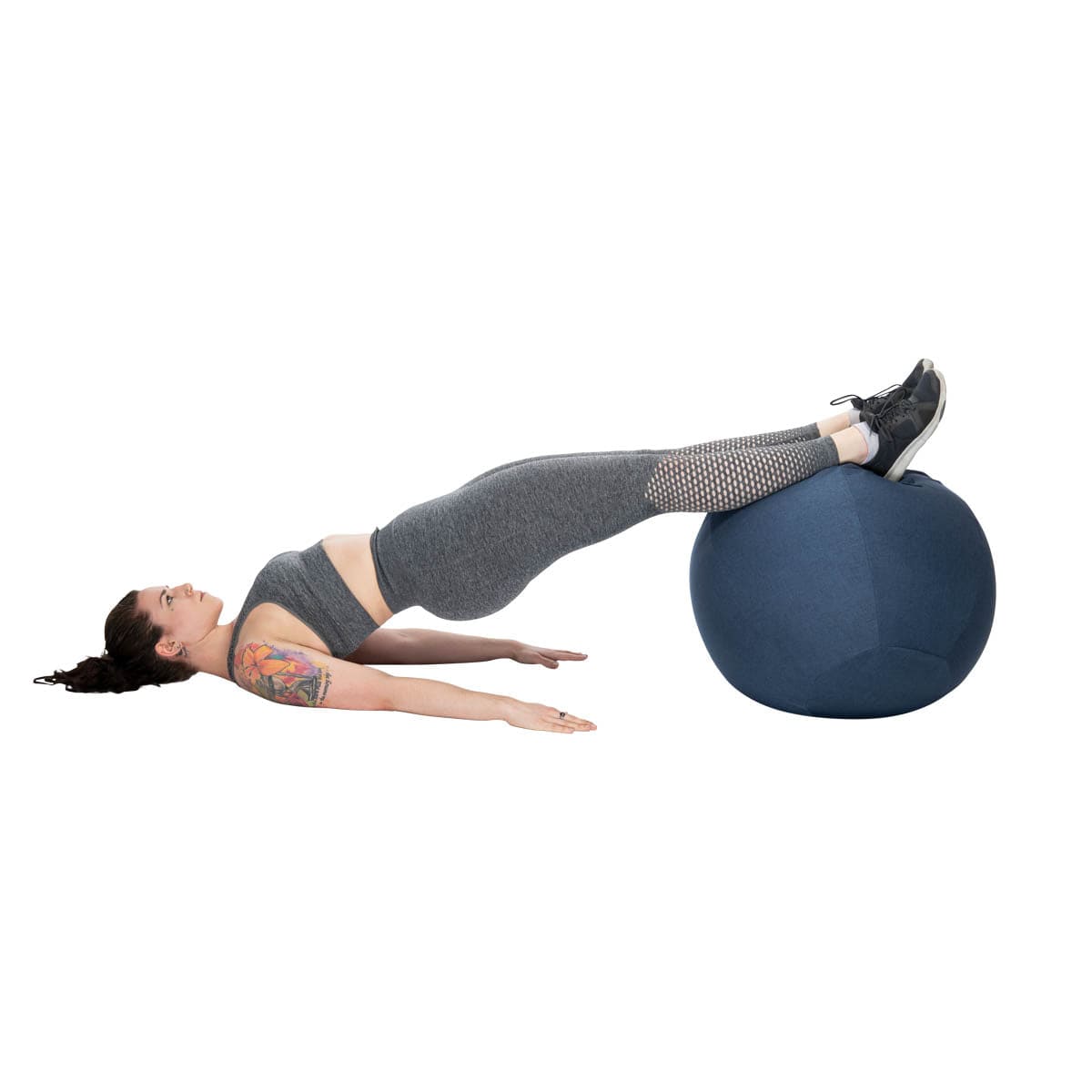 Exerfit Yogi Ball with Fabric Cover navy with girl lying on it