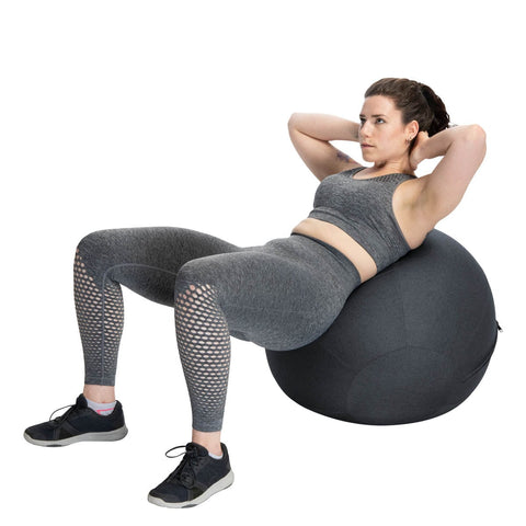 Exerfit Yogi Ball with Fabric Cover dark grey with girl doing crunch